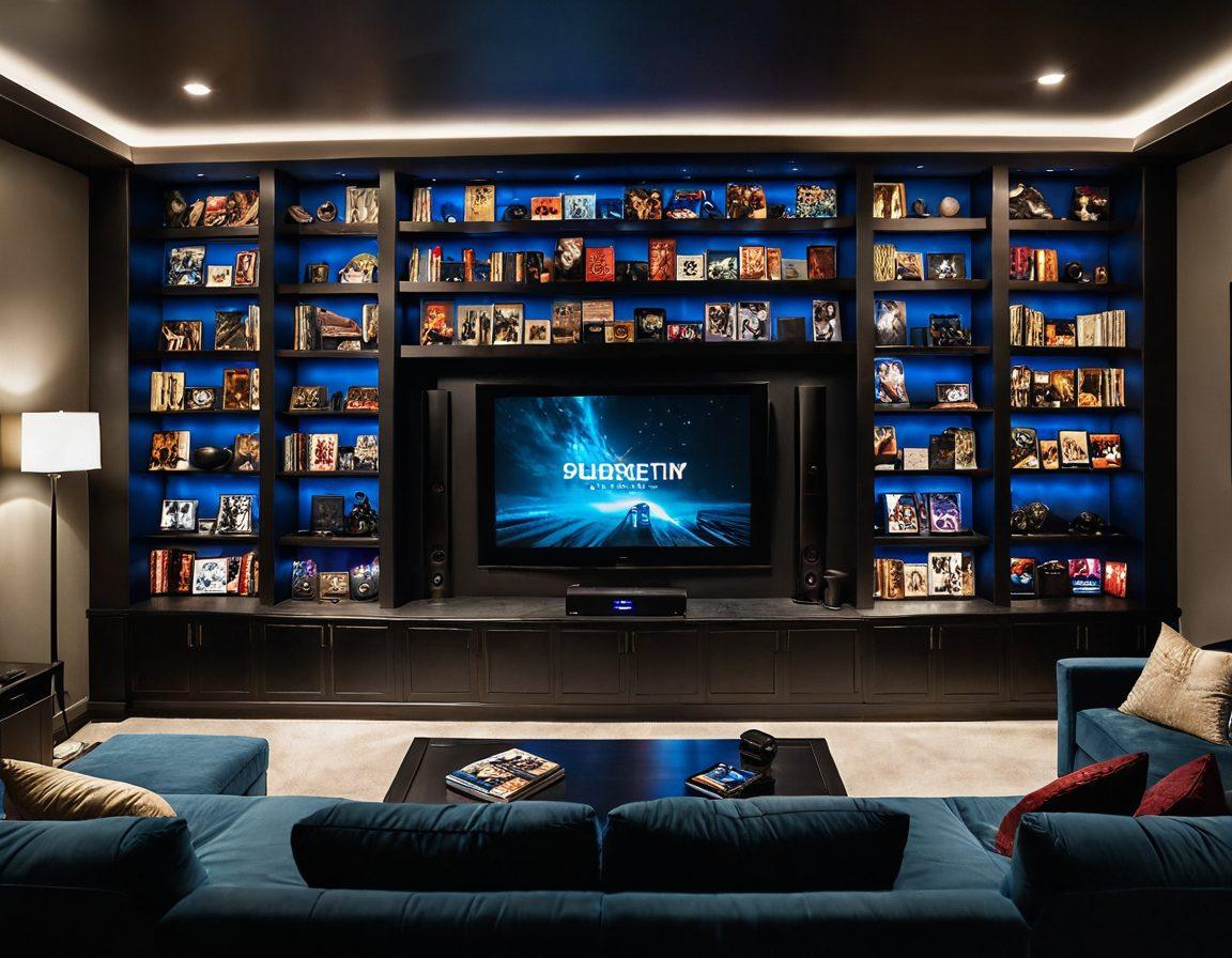 A sleek and modern home theater setup with a massive screen displaying a movie scene, surrounded by neatly organized shelves filled with Blu-ray discs and DVDs. Include vibrant movie posters of popular adult films subtly in the background. The room is dimly lit with cozy ambient lighting to evoke an intimate and inviting atmosphere. super-realistic. vibrant colors. white background.