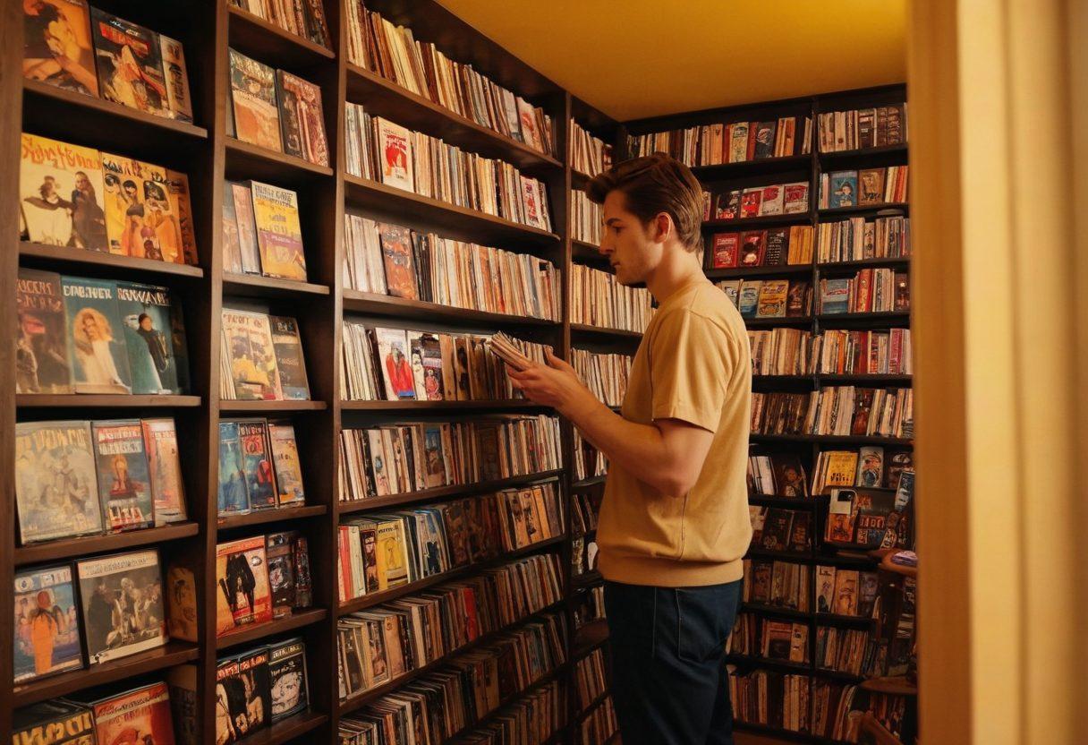 A cozy, dimly-lit room with shelves overflowing with DVDs, including classic films, thrillers, horror, and action movies. A person holding a rare, prized DVD, with a look of excitement on their face. Vintage movie posters adorning the walls and a warm, inviting vibe emanating from the room. super-realistic. vibrant colors. cozy atmosphere.